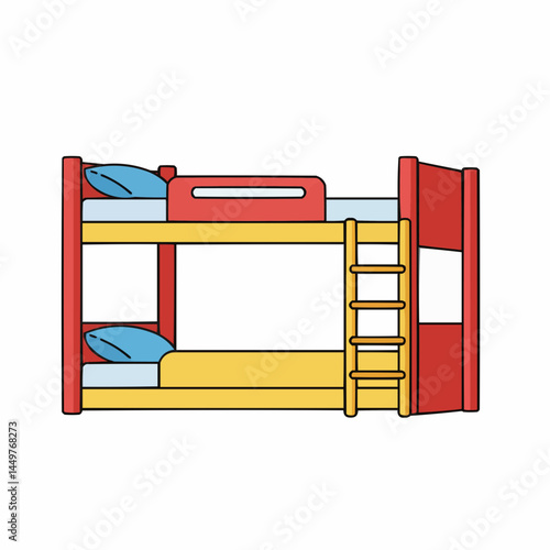 Colorful bunkbed frame with a blue pillow sits on a white background