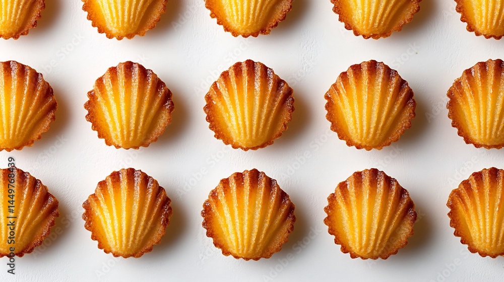 Obraz premium Top down shot of freshly baked French madeleine sponge cake scalloped shell shape placed neatly white surface classic golden brown treat France perfect tea time cut out isolated transparent background