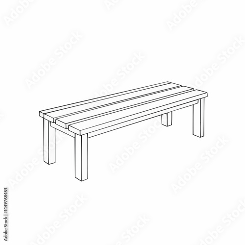 Simple line drawing of a wooden bench with a slatted seat, at an angle view