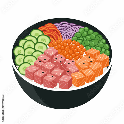 Colorful poke bowl with veggies, rice, fish eggs, tuna, salmon and onions