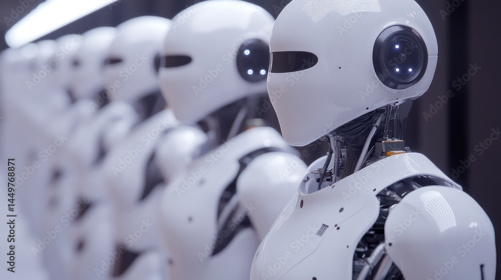 Fototapeta premium Serene Squadron: A Line of Futuristic Robots in a Minimalist Environment