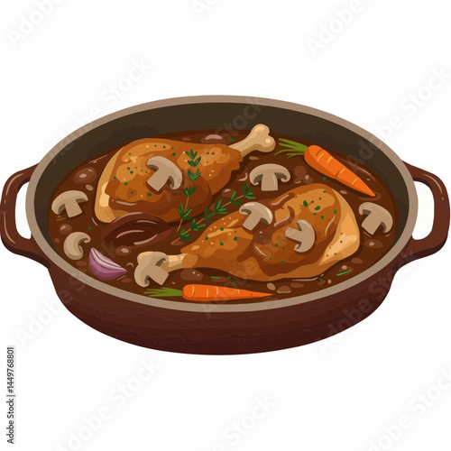Braised chicken with mushrooms and carrots simmering in a deep pan of sauce