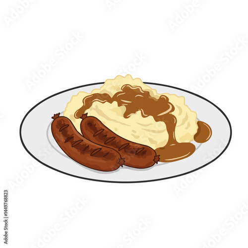 Illustration of bangers and mash with gravy on a plate, a comfort food