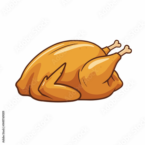 Cartoon style, crispy-skinned, golden roasted bird on a white background