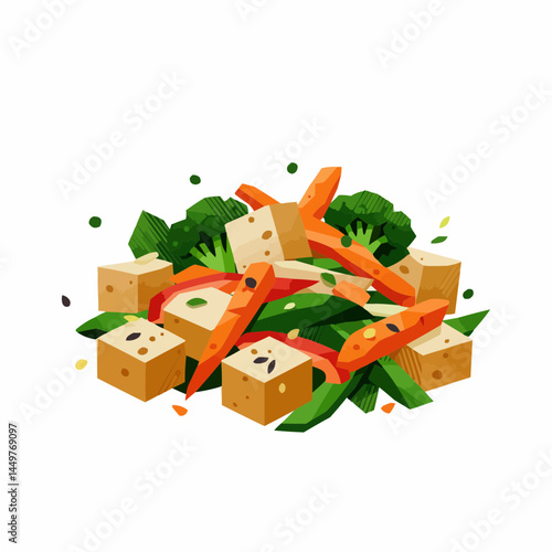 Stylized fresh veggies and tofu, with broccoli, peas and carrots. Ready to eat