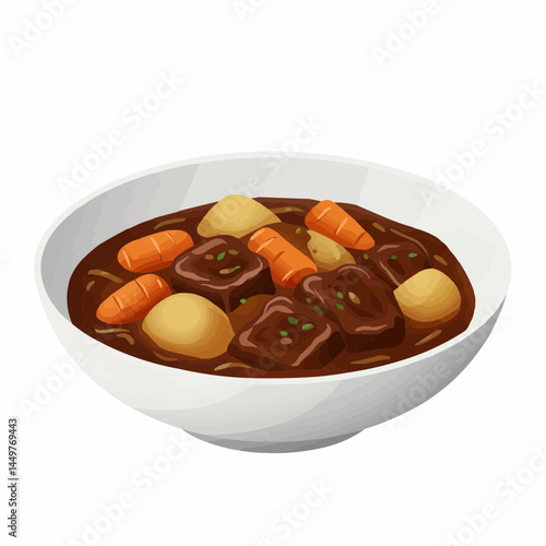 Appetizing stew bowl with carrots, meat, potatoes, and rich brown gravy