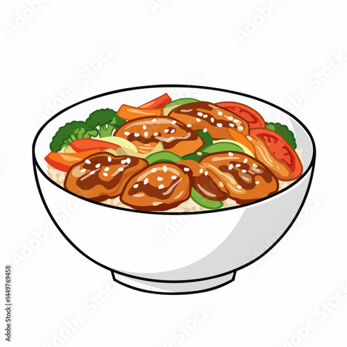 A vibrant illustration of a bowl filled with glazed chicken and mixed vegetables