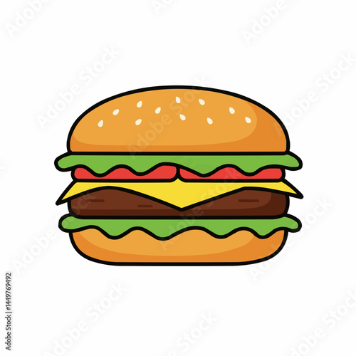 A cartoon burger with sesame bun, lettuce and tomato layer
