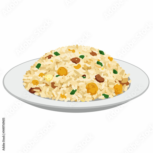 Plate filled with savory rice, speckled with meat and vegetables on a plate