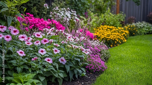 Lush garden flowers along the grass lawn in the summer landscape vibrant blossoms