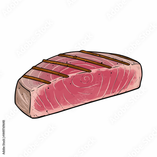 A piece of seared tuna steak with wood accents and black pepper on a white background