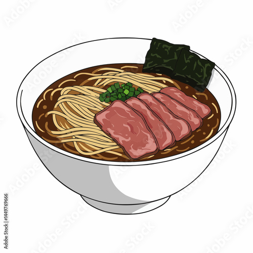 A delectable bowl of ramen, noodles, meat, seaweed, and scallions in flavorful broth