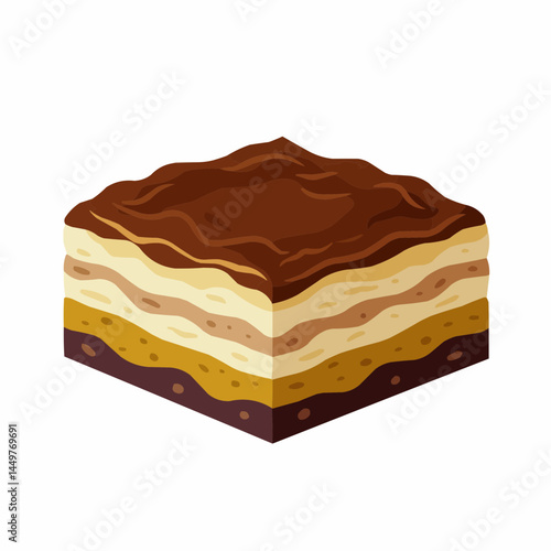 A layered dessert with creamy and chocolate filling, cut open and on a white background