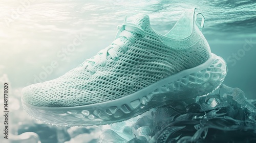 Futuristic athletic shoe design floating above deep-sea abstract elements
