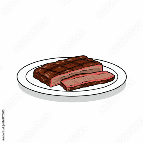 Juicy piece of steak on a white plate, cartoon style food illustration close-up view