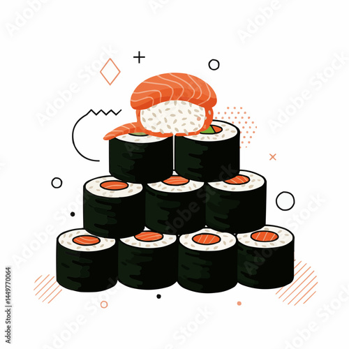 Tasty sushi displayed with graphic shapes and colorful presentation