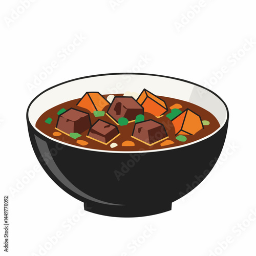 A bowl of cartoon beef stew with carrots, greens, and gravy on an off-white background