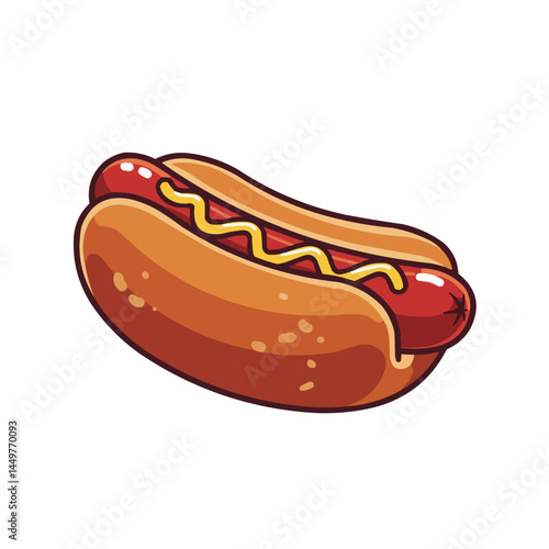 Cartoon hot dog with yellow mustard on a soft bun, simple and delicious