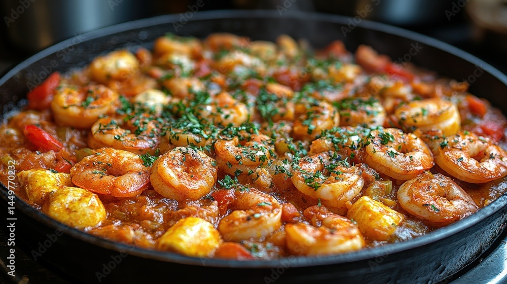 Delicious shrimp and vegetable dish in a hot pan. Delicious shrimp and vegetable dish in a hot pan.