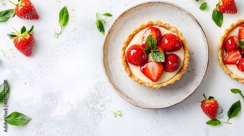Top down view of beautiful French tarte aux fraise white background featuring fresh glazed strawberry creamy custard golden tart shell elegant patisserie dessert France cut out isolated transparent