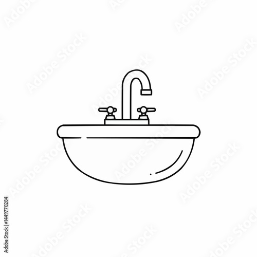 Line drawing of a faucet with two handles on a counter, water fixture
