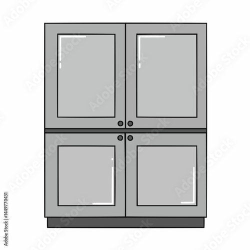 Two framed cabinet doors, silver, shut tight with dark round knobs