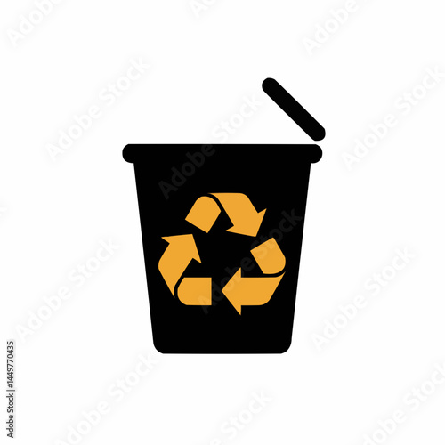 A black recycle bin with a golden recycling logo, partially open lid on white background