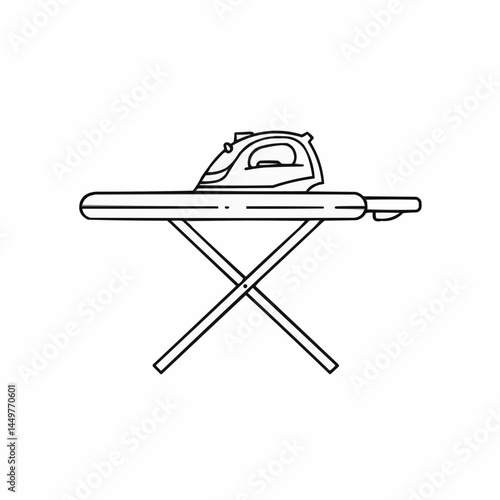 Line drawing of an iron on ironing board against a white background