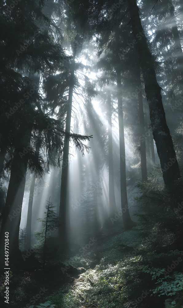 Fototapeta premium Enchanting sunbeams pierce the forest canopy creating a mystical atmosphere in the dark woodland