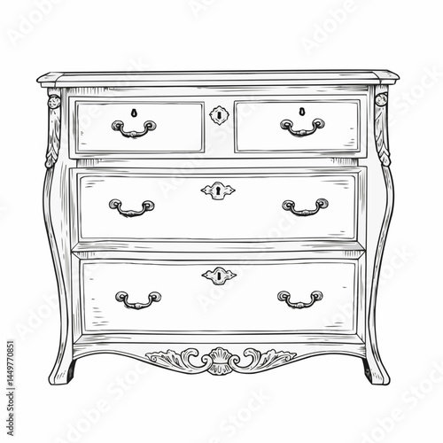 Hand-drawn sketch of vintage wooden chest with drawers and metallic handles
