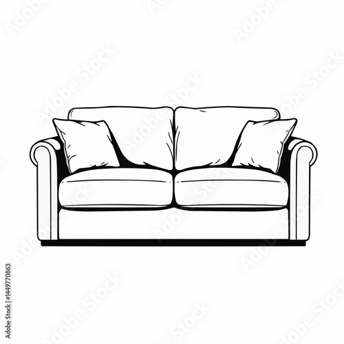 Black and white drawing of couch with comfy cushion and fluffy pillow