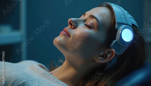 Woman undergoing non-invasive brain stimulation therapy. Patient with device, exploring mental health treatment for anxiety and depression. Advanced tech used for cognitive enhancement.