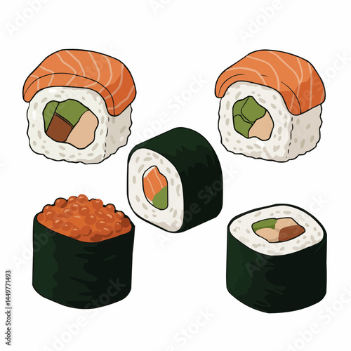 Three servings of fish and vegetable sushi in an cartoon illustration