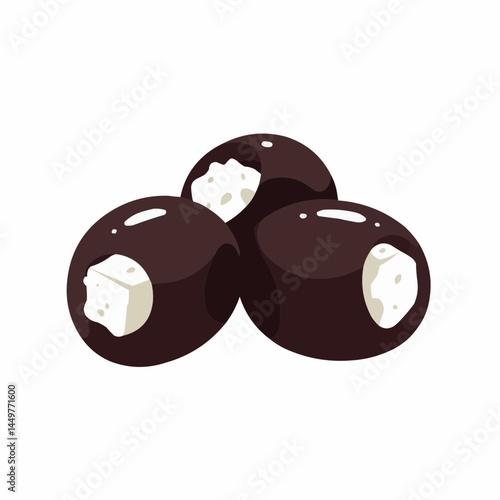Stylized dark chocolate dessert with creamy filling on a white background