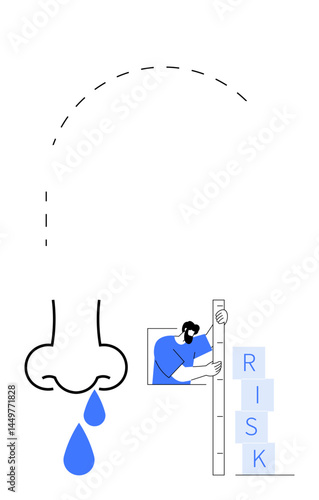Large nose dripping liquid with a person measuring a stack labeled RISK. Ideal for health, risk management, medical issues, safety, analysis, precision, simple landing page