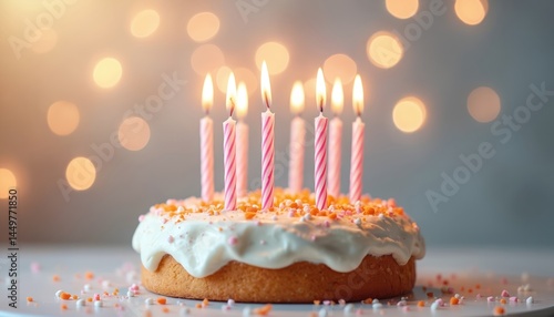 Birthday cake with lit candles. Festive holiday dessert, sweet treat, joy, celebration, happy anniversary. Party, event. Delicious dessert with sprinkles, creamy icing, blurred background lights.