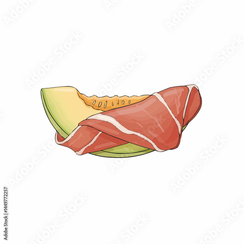 Cantaloupe slice with prosciutto shows sweet & savory flavors, perfect pairing