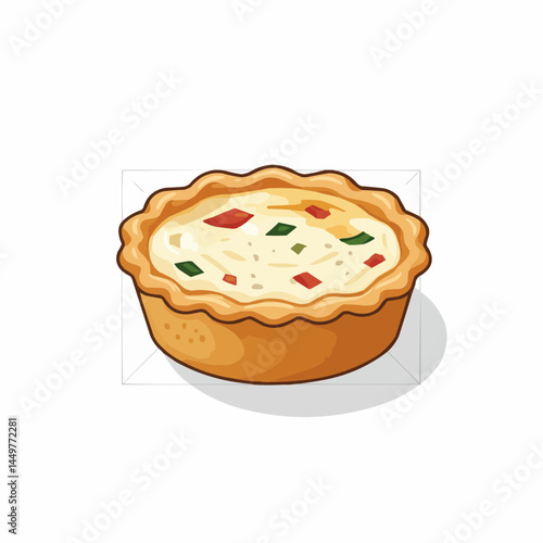 Creamy filled pie with veggies in golden crust, vector graphics illustration