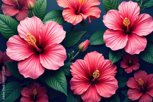 Intricate hibiscus blooms, vibrant colors, repeating design, bud, bright, decoration