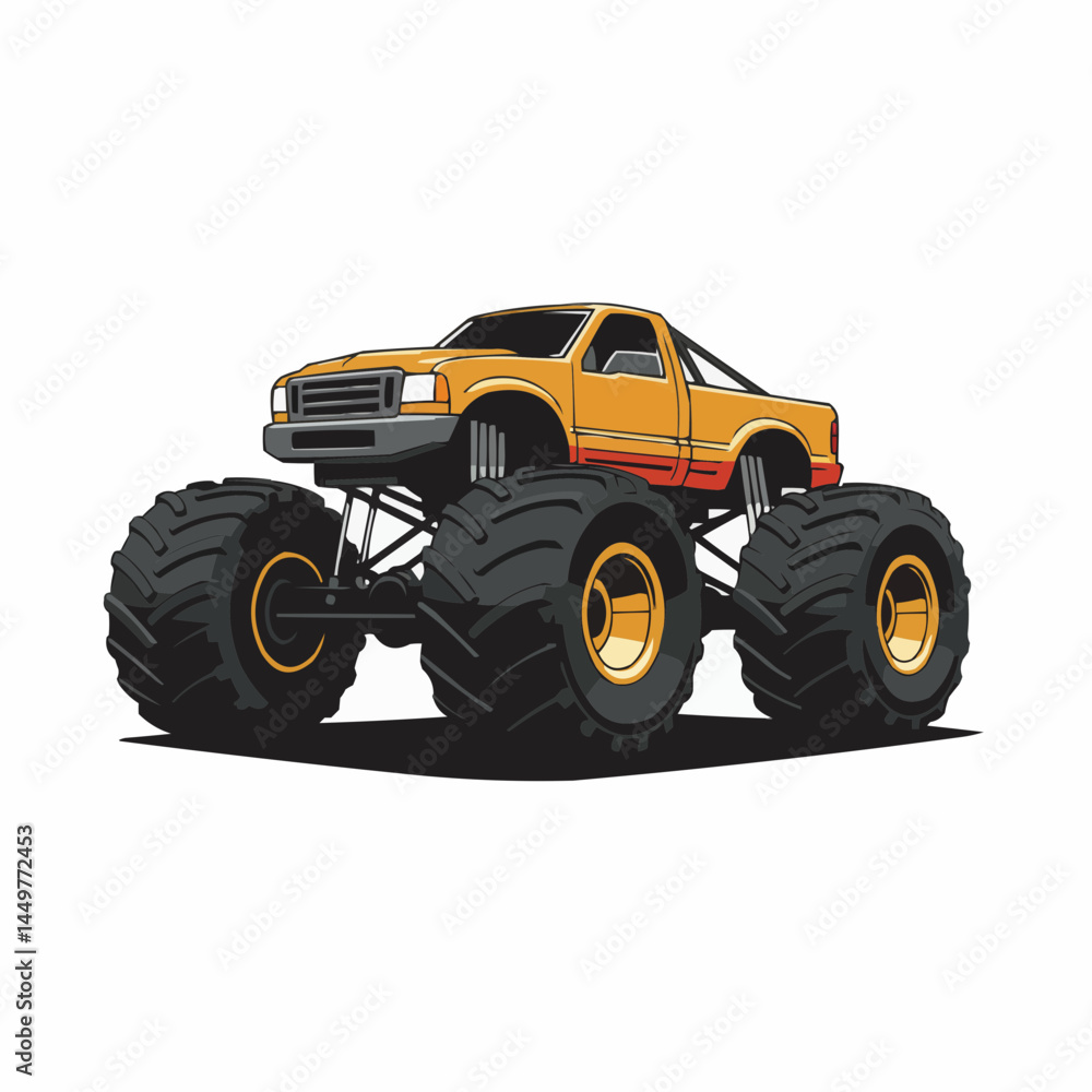 Cartoon drawing of a big yellow truck with giant tires on a white background Cartoon drawing of a big yellow truck with giant tires on a white background
