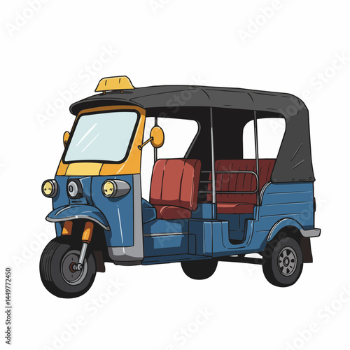 Illustrated yellow, black, & red auto-rickshaw with mirrors and seats