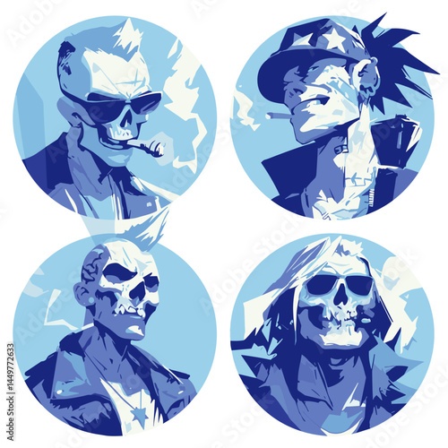 Skull characters in punk fashion blue palette
