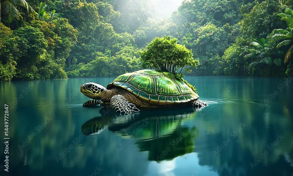 A serene turtle with a lush tree on its shell swimming in a tranquil forest lake