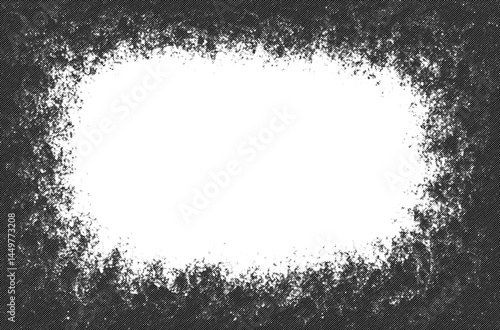 Black and white halftone grunge frame, retro abstract texture for graphic design.