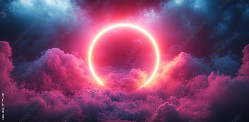 Neon circle in pink cloudscape, fantasy background Neon circle in pink cloudscape, fantasy background
