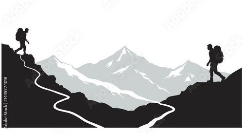 Hikers Ascending Majestic Mountains A Silhouette Illustration