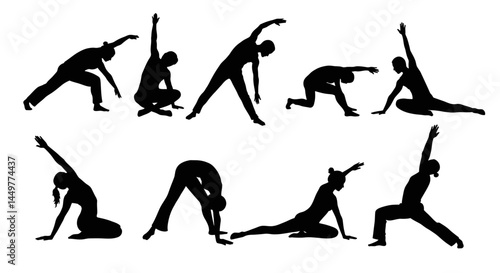 Collection of Yoga and Stretching Silhouettes Diverse Poses for Fitness and Wellness
