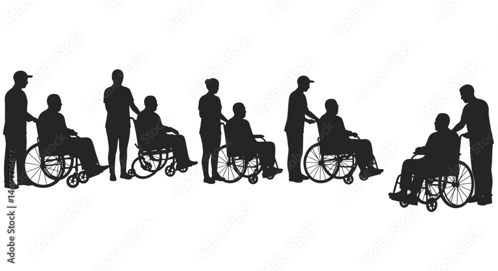 Obraz premium Silhouette Collection People in Wheelchairs, Assistance and Support