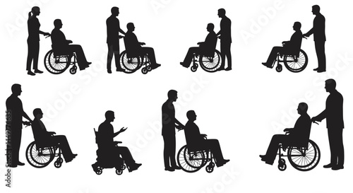 Silhouette Illustrations People in Wheelchairs, Assistance, Support