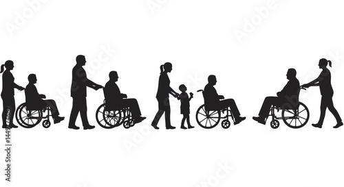 Silhouettes of People in Wheelchairs with Family and Caregivers